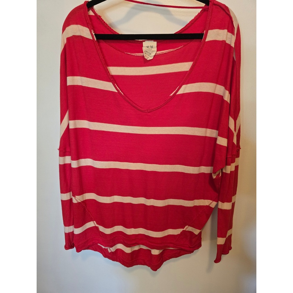 Free People We The Free Red Cream Striped V-Neck Long Sleeve Top Small OB564535